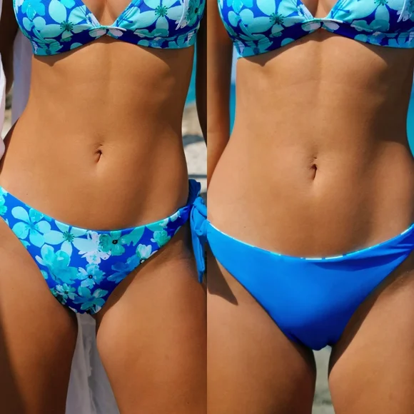 Cupshe Graphic Cherry Blossoms Reversible Hipster Bikini Bottoms Blue Medium - Picture 3 of 3